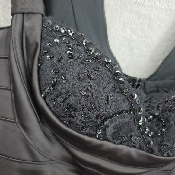 Tadashi Shoji Cocktail Sheath Dress 10 Black Beaded Lace Sweetheart Satin New - Picture 6 of 15